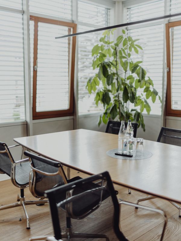 Moderner Besprechungsraum mit großen Fenstern, stilvollem Holzboden und freundlicher Atmosphäre